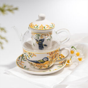 Golden Wattle Bird Ceramic Cup & Glass Teapot Set
