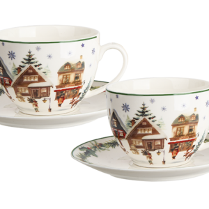 Winter Christmas Village Teacup and Saucer Set of 2